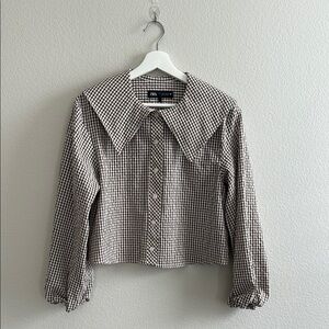 Zara Cropped Brown and White Checkered Women's Top Plaid Peter Pan